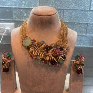 Statement Gold Chain Necklace Earring Set: Gemstone Jade Floral Jewelry